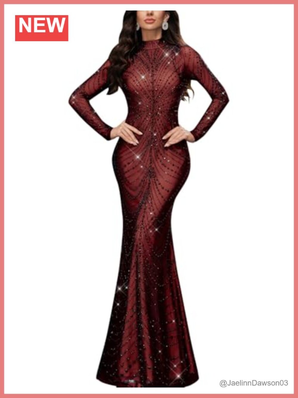Rhinestone Mermaid Formal Evening Gown Long Sleeve Prom Dress Rhinestone Mesh